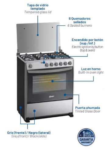 Oster – Estufa de Gas 30” con Encendido Electrónico y Luz en Horno OS-GSGI3061IIBS